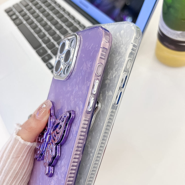 Plating Glitter Lens Film Texture Butterfly Holder Wristband Phone Case, For iPhone 15 Pro Max