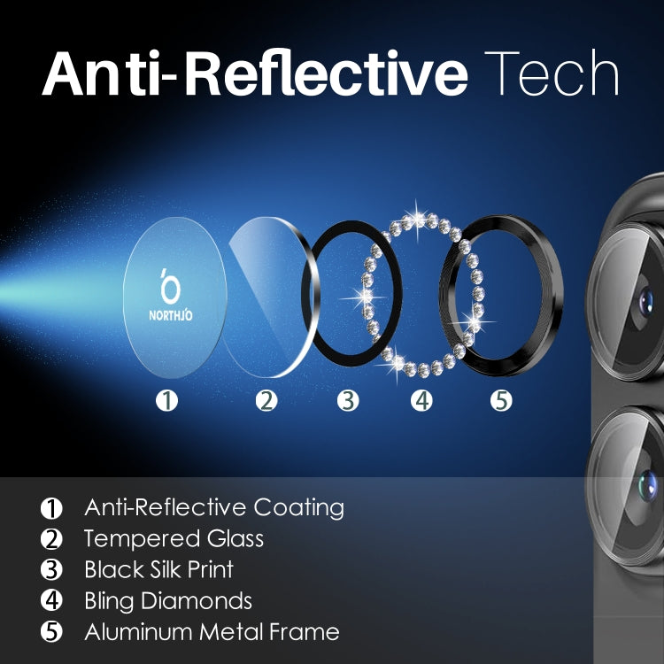 NORTHJO Rhinestone Camera Lens Protector Tempered Glass Metal Ring Film, For iPhone 16 / 16 Plus
