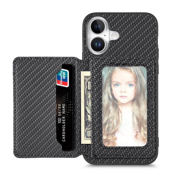 Carbon Fiber Magnetic Card Wallet RFID Blocking Phone Case, For iPhone 16e, For iPhone 16 Pro Max, For iPhone 16 Pro, For iPhone 16 Plus