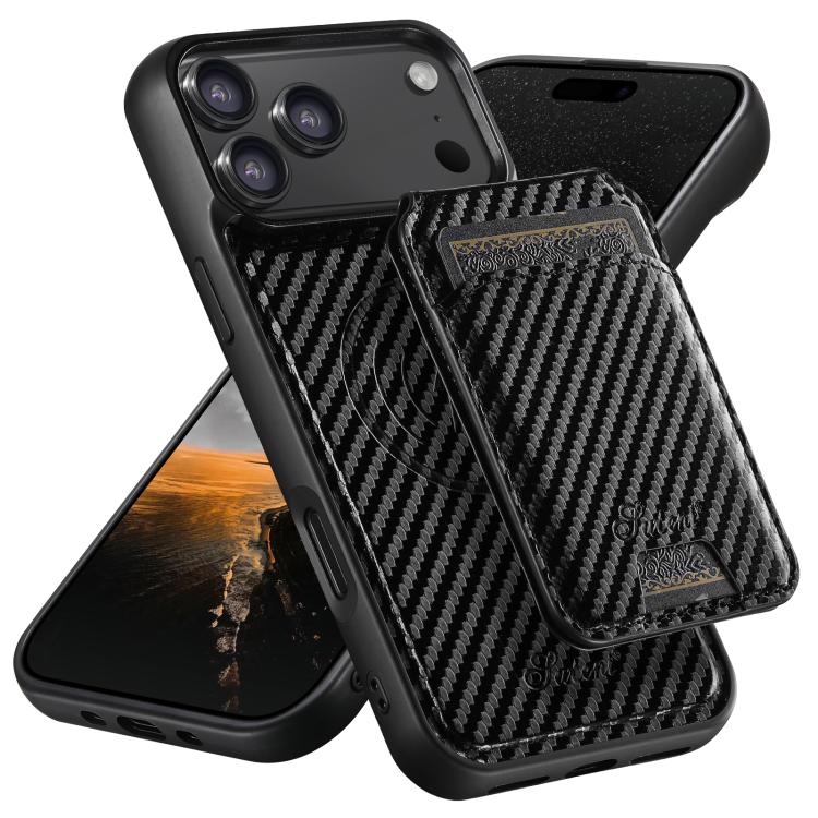 Suteni TXWH18 Carbon Fiber Texture Detachable Wallet MagSafe Phone Case