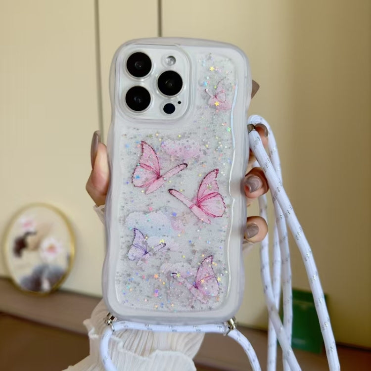 Crossbody Wave Edge Butterfly TPU Phone Case, For iPhone 16 Pro Max, For iPhone 16 Pro, For iPhone 16 Plus, For iPhone 16