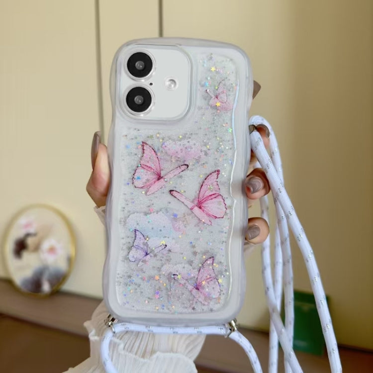 Crossbody Wave Edge Butterfly TPU Phone Case, For iPhone 16 Pro Max, For iPhone 16 Pro, For iPhone 16 Plus, For iPhone 16