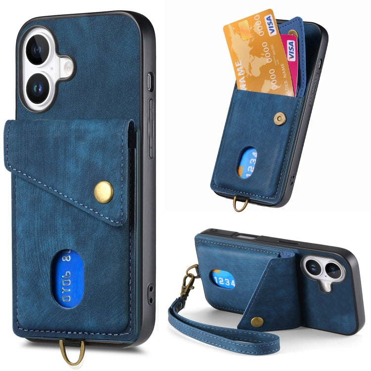 Retro Card Wallet Fold Leather Phone Case with Strap, For iPhone Air, For iPhone 16 Pro Max, For iPhone 16 Pro, For iPhone 16 Plus