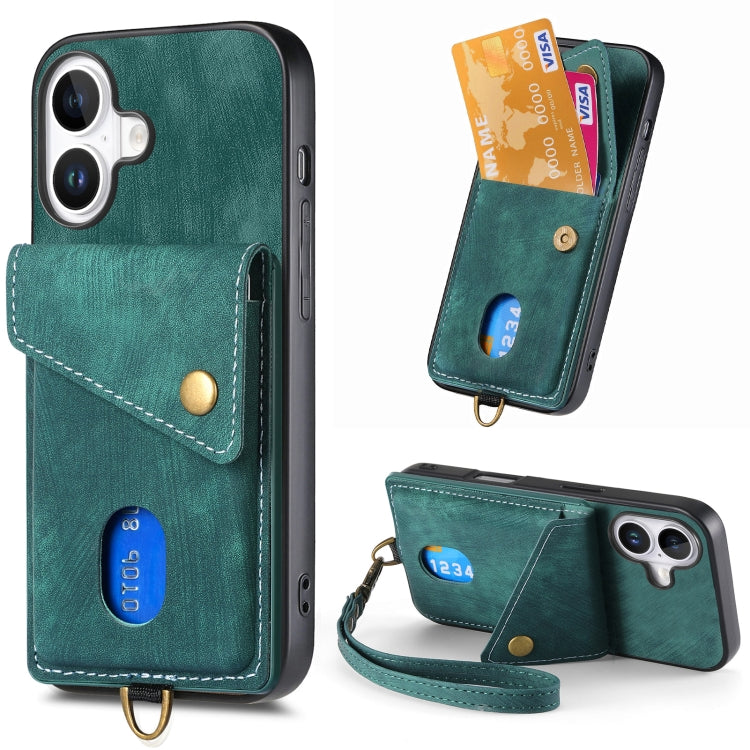 Retro Card Wallet Fold Leather Phone Case with Strap, For iPhone Air, For iPhone 16 Pro Max, For iPhone 16 Pro, For iPhone 16 Plus