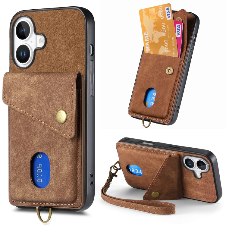 Retro Card Wallet Fold Leather Phone Case with Strap, For iPhone Air, For iPhone 16 Pro Max, For iPhone 16 Pro, For iPhone 16 Plus