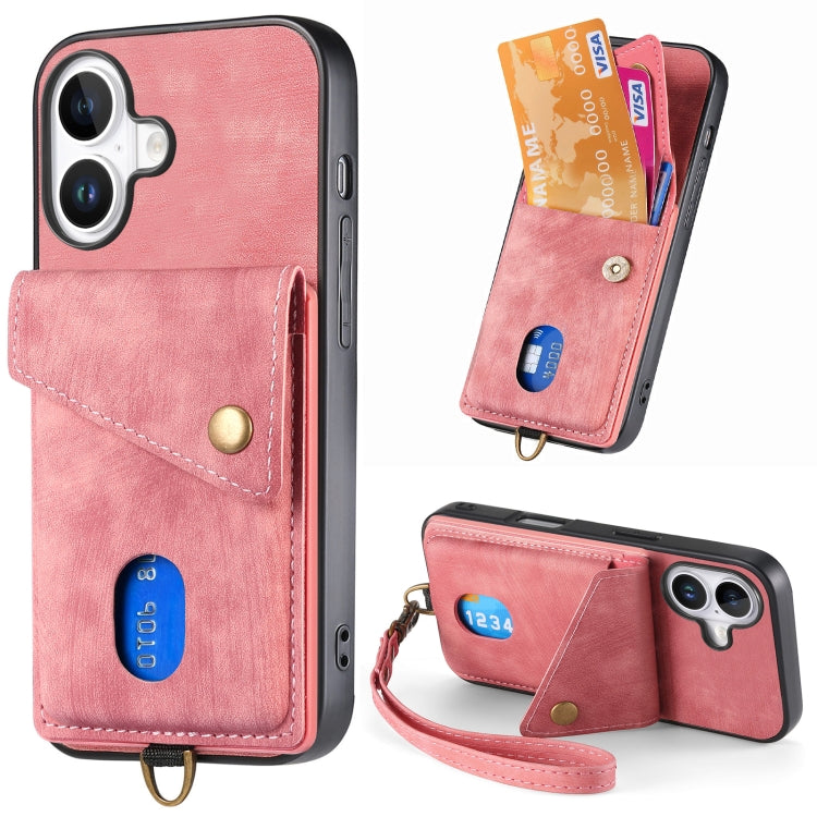 Retro Card Wallet Fold Leather Phone Case with Strap, For iPhone Air, For iPhone 16 Pro Max, For iPhone 16 Pro, For iPhone 16 Plus
