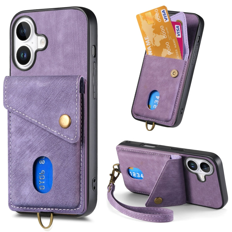 Retro Card Wallet Fold Leather Phone Case with Strap, For iPhone Air, For iPhone 16 Pro Max, For iPhone 16 Pro, For iPhone 16 Plus