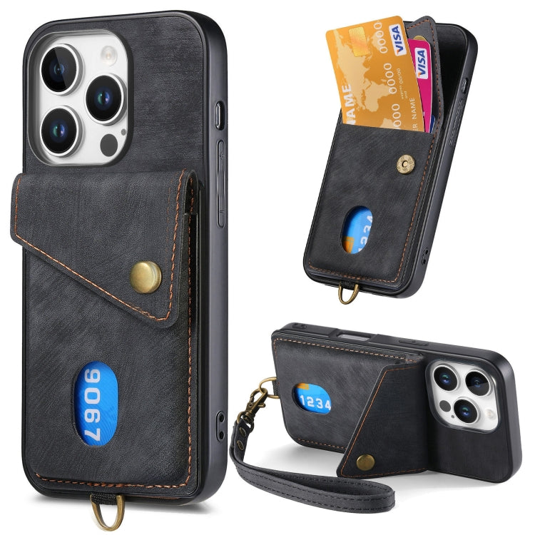 Retro Card Wallet Fold Leather Phone Case with Strap, For iPhone Air, For iPhone 16 Pro Max, For iPhone 16 Pro, For iPhone 16 Plus