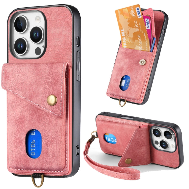Retro Card Wallet Fold Leather Phone Case with Strap, For iPhone Air, For iPhone 16 Pro Max, For iPhone 16 Pro, For iPhone 16 Plus