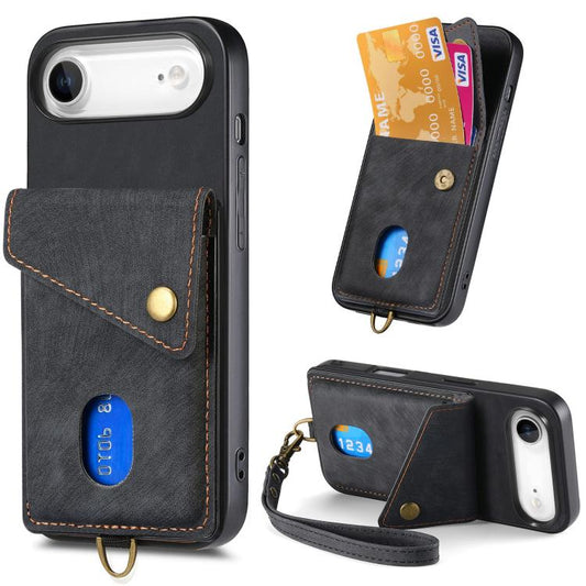 Retro Card Wallet Fold Leather Phone Case with Strap, For iPhone Air, For iPhone 16 Pro Max, For iPhone 16 Pro, For iPhone 16 Plus