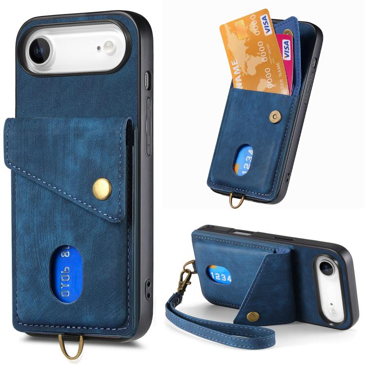 Retro Card Wallet Fold Leather Phone Case with Strap, For iPhone Air, For iPhone 16 Pro Max, For iPhone 16 Pro, For iPhone 16 Plus