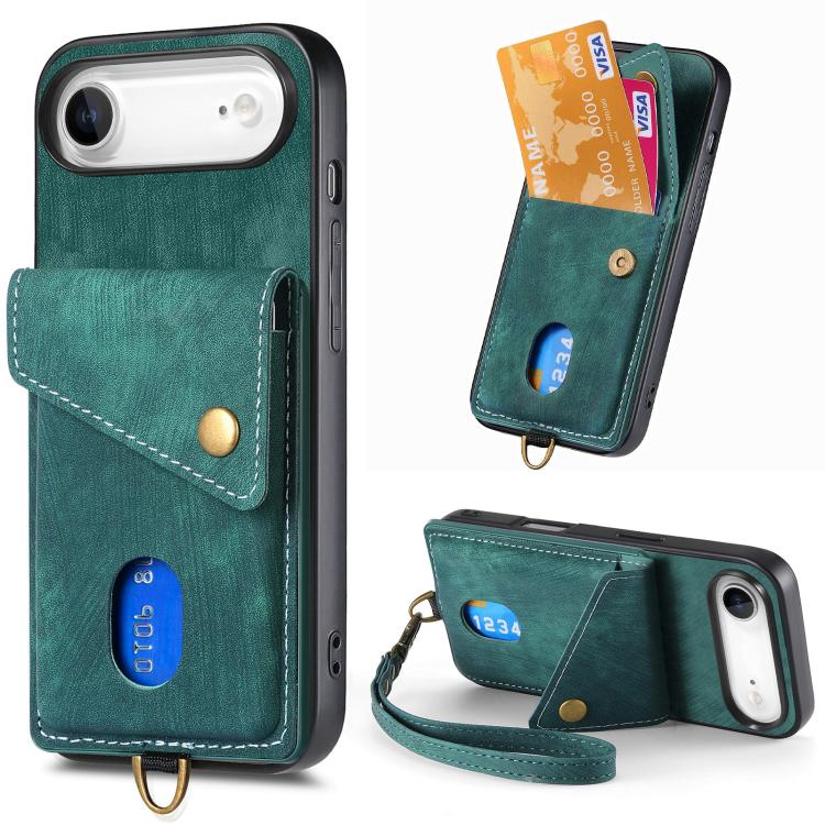 Retro Card Wallet Fold Leather Phone Case with Strap, For iPhone Air, For iPhone 16 Pro Max, For iPhone 16 Pro, For iPhone 16 Plus
