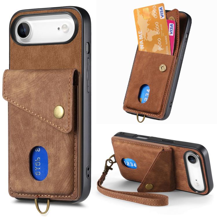 Retro Card Wallet Fold Leather Phone Case with Strap, For iPhone Air, For iPhone 16 Pro Max, For iPhone 16 Pro, For iPhone 16 Plus