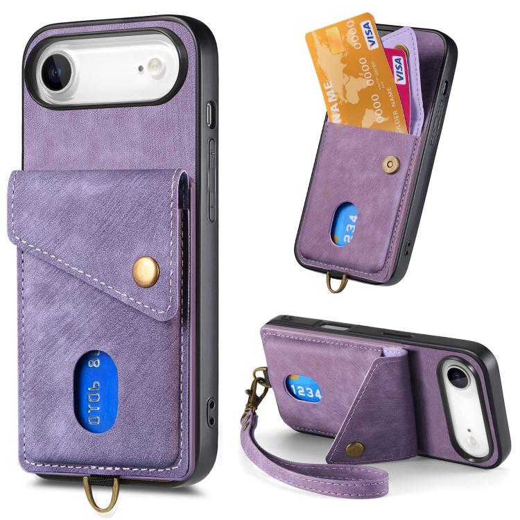Retro Card Wallet Fold Leather Phone Case with Strap, For iPhone Air, For iPhone 16 Pro Max, For iPhone 16 Pro, For iPhone 16 Plus