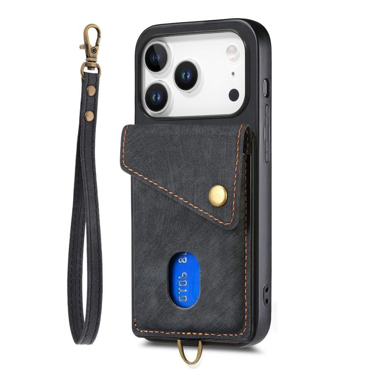 Retro Card Wallet Fold Leather Phone Case with Strap, For iPhone 17e / 16e, For iPhone 17 Pro Max, For iPhone 17 Pro, For iPhone 17