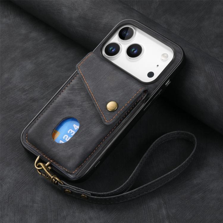 Retro Card Wallet Fold Leather Phone Case with Strap, For iPhone 17e / 16e, For iPhone 17 Pro Max, For iPhone 17 Pro, For iPhone 17