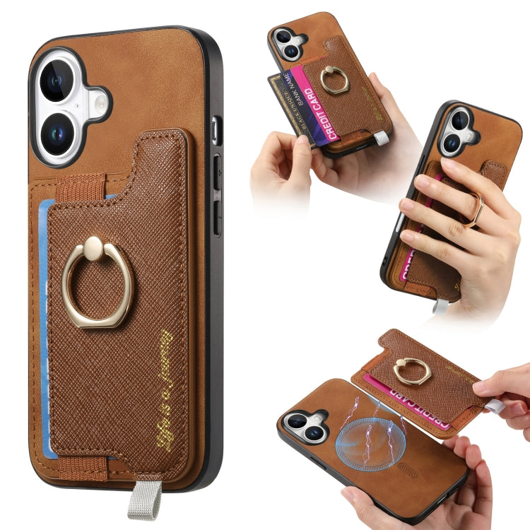 Retro Magsafe Cross Leather Ring Holder Card Bag Phone Case, For iPhone 16, For iPhone 15 Pro max, For iPhone 15 Pro