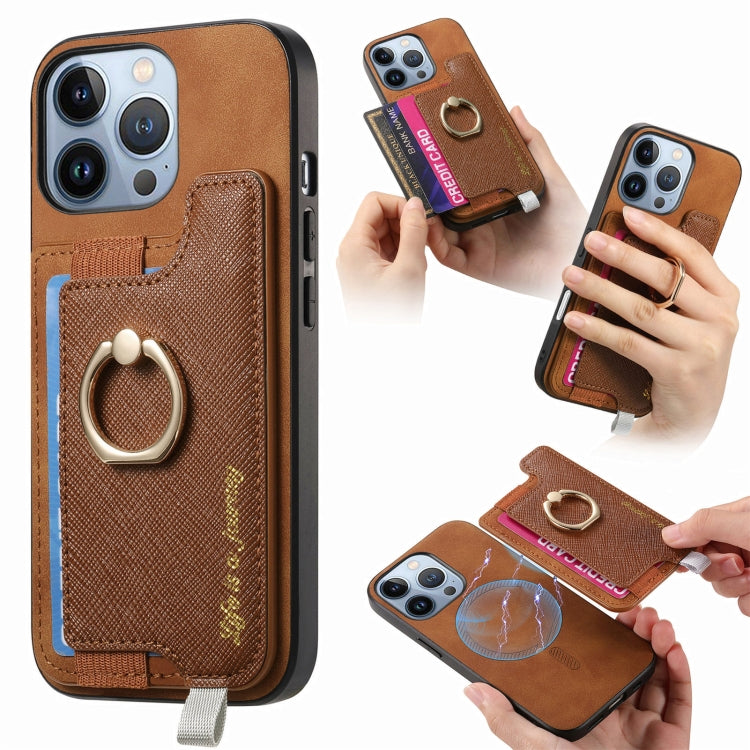 Retro Magsafe Cross Leather Ring Holder Card Bag Phone Case, For iPhone 16 Pro Max, For iPhone 16 Pro, For iPhone 16 Plus