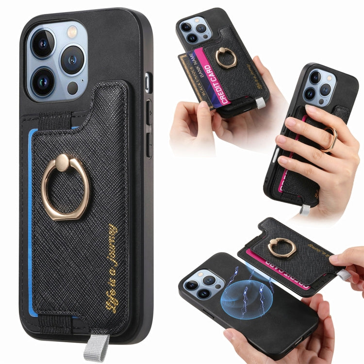 Retro Magsafe Cross Leather Ring Holder Card Bag Phone Case, For iPhone 16 Pro Max, For iPhone 16 Pro, For iPhone 16 Plus