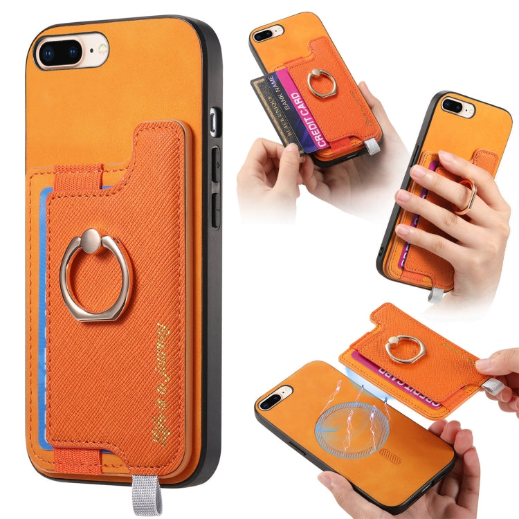 Retro Magsafe Cross Leather Ring Holder Card Bag Phone Case, For iPhone 7 Plus / 8 Plus