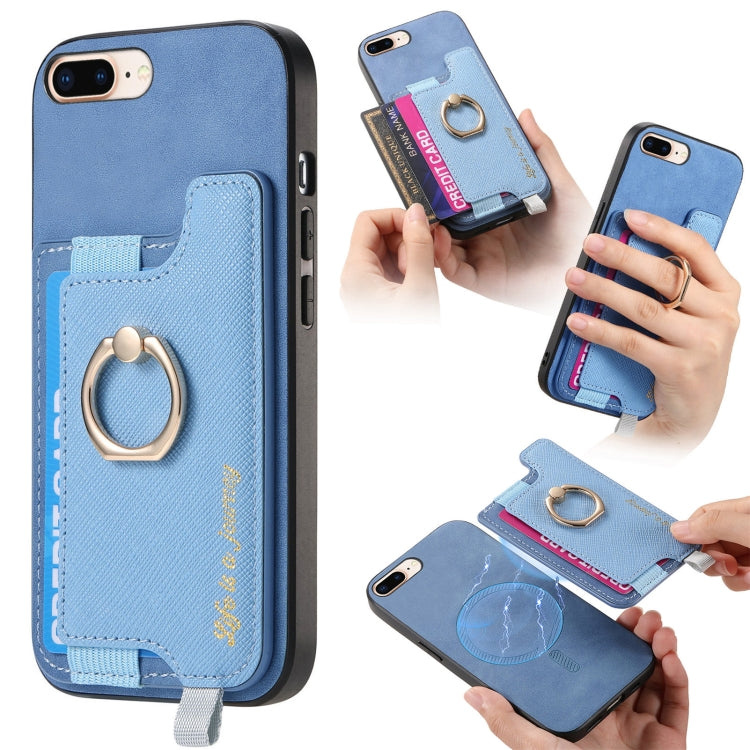Retro Magsafe Cross Leather Ring Holder Card Bag Phone Case, For iPhone 7 Plus / 8 Plus