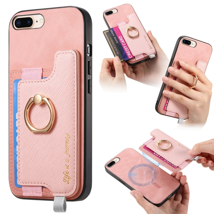Retro Magsafe Cross Leather Ring Holder Card Bag Phone Case, For iPhone 7 Plus / 8 Plus