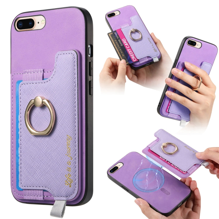 Retro Magsafe Cross Leather Ring Holder Card Bag Phone Case, For iPhone 7 Plus / 8 Plus