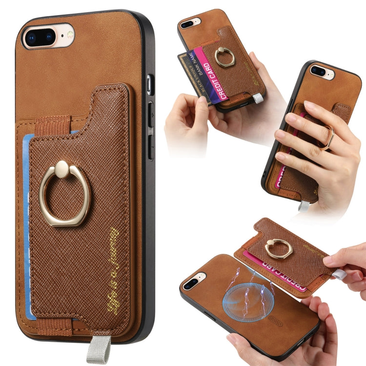 Retro Magsafe Cross Leather Ring Holder Card Bag Phone Case, For iPhone 7 Plus / 8 Plus