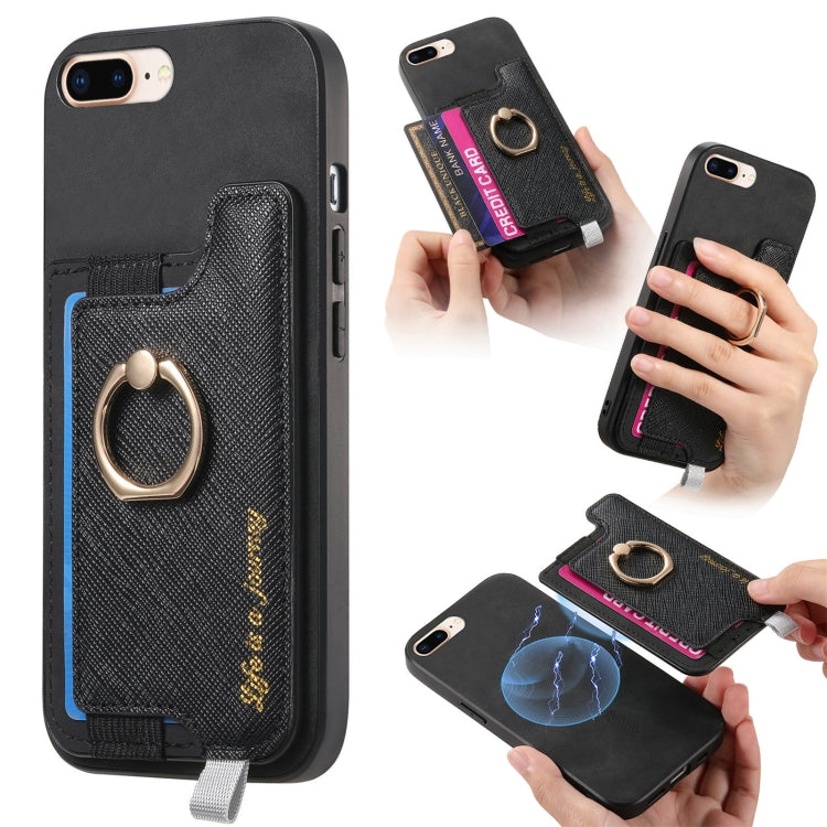 Retro Magsafe Cross Leather Ring Holder Card Bag Phone Case, For iPhone 7 Plus / 8 Plus