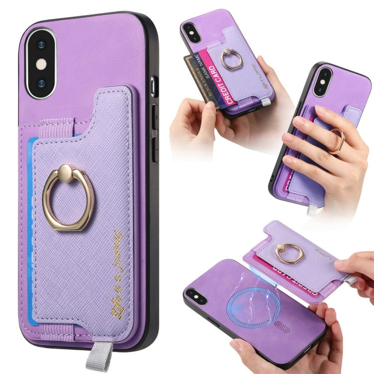 Retro Magsafe Cross Leather Ring Holder Card Bag Phone Case, For iPhone 7 / 8 / SE 2022, For iPhone 12 / 12 Pro, For iPhone X / XS