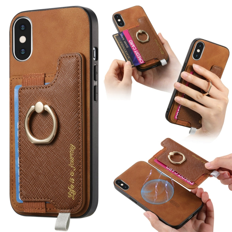 Retro Magsafe Cross Leather Ring Holder Card Bag Phone Case, For iPhone 7 / 8 / SE 2022, For iPhone 12 / 12 Pro, For iPhone X / XS