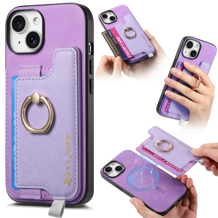 Retro Magsafe Cross Leather Ring Holder Card Bag Phone Case, For iPhone 14, For iPhone 14 Pro, For iPhone 14 Pro Max