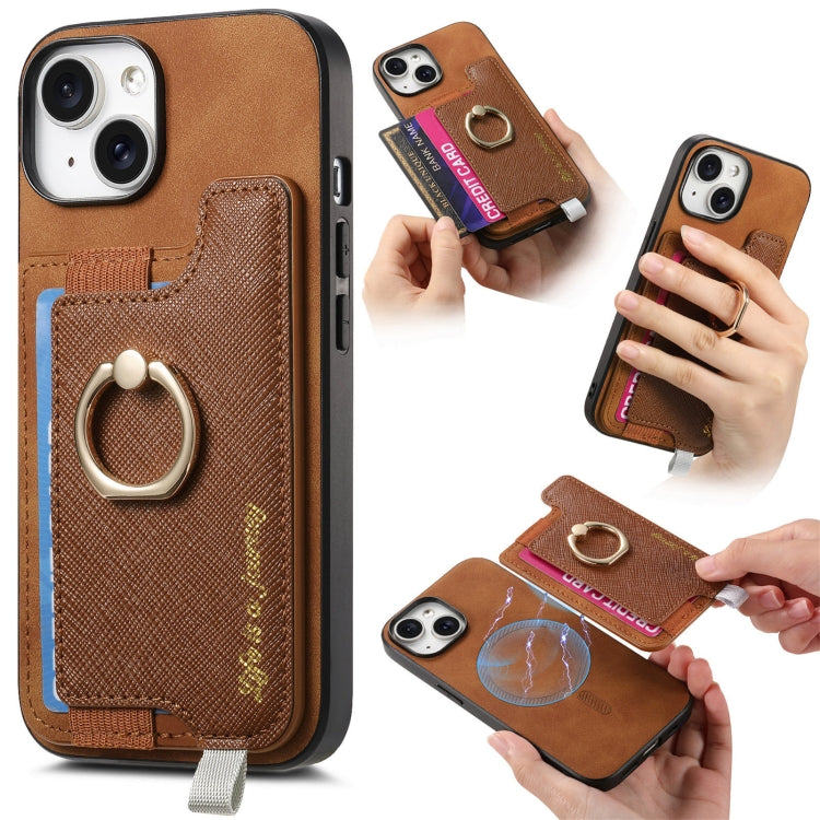 Retro Magsafe Cross Leather Ring Holder Card Bag Phone Case, For iPhone 14, For iPhone 14 Pro, For iPhone 14 Pro Max
