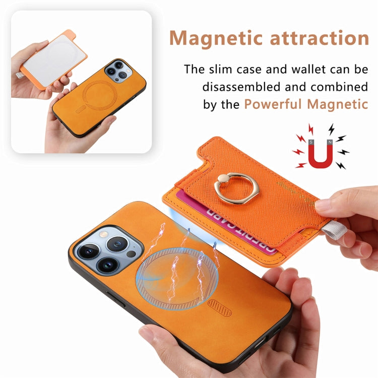 Retro Magsafe Cross Leather Ring Holder Card Bag Phone Case, For iPhone 14, For iPhone 14 Pro, For iPhone 14 Pro Max
