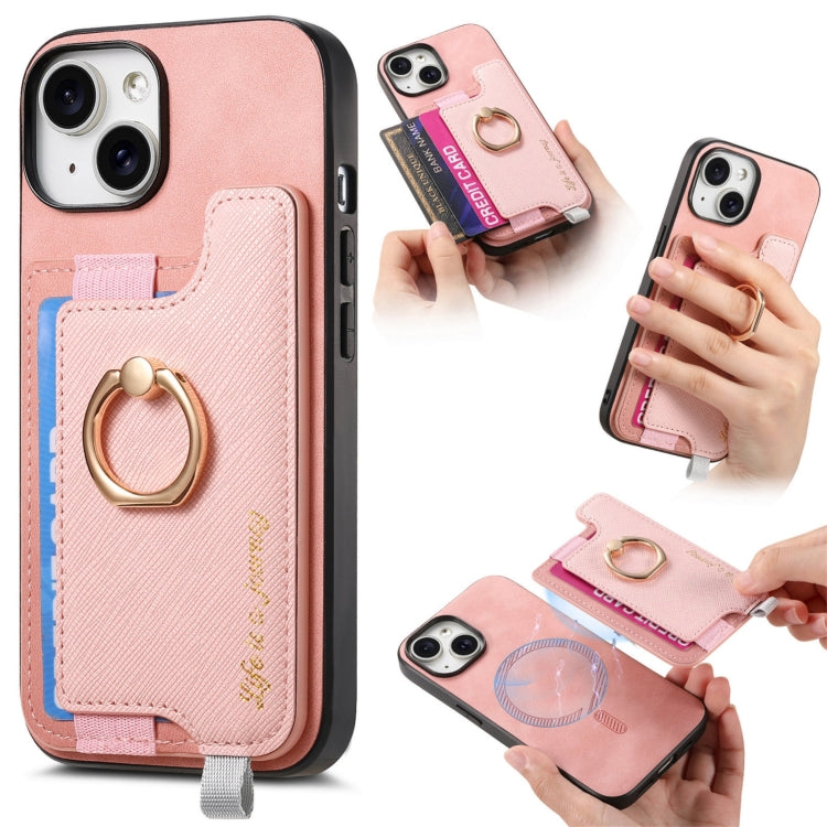 Retro Magsafe Cross Leather Ring Holder Card Bag Phone Case, For iPhone 14, For iPhone 14 Pro, For iPhone 14 Pro Max