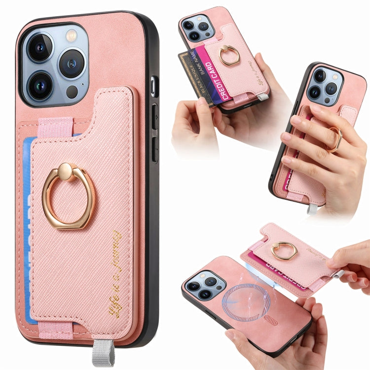 Retro Magsafe Cross Leather Ring Holder Card Bag Phone Case, For iPhone 15 Plus, For iPhone 15, For iPhone 14 Plus