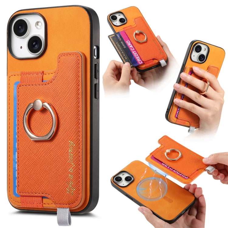 Retro Magsafe Cross Leather Ring Holder Card Bag Phone Case, For iPhone 15 Plus, For iPhone 15, For iPhone 14 Plus