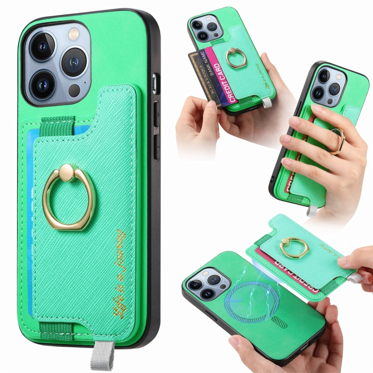 Retro Magsafe Cross Leather Ring Holder Card Bag Phone Case, For iPhone 15 Plus, For iPhone 15, For iPhone 14 Plus