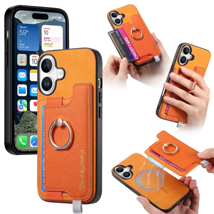 Retro Magsafe Cross Leather Ring Holder Card Bag Phone Case, For iPhone 16 Pro Max, For iPhone 16 Pro, For iPhone 16 Plus