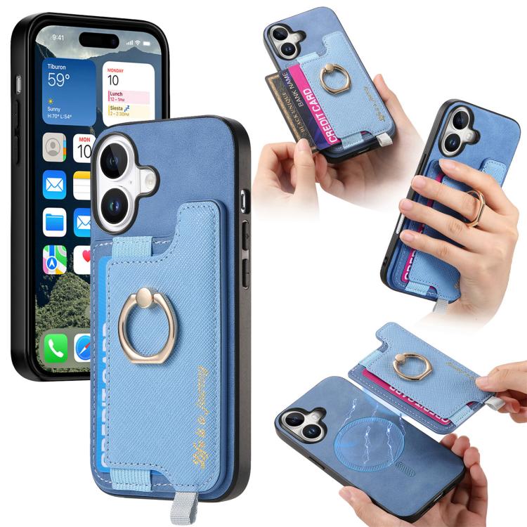 Retro Magsafe Cross Leather Ring Holder Card Bag Phone Case, For iPhone 16 Pro Max, For iPhone 16 Pro, For iPhone 16 Plus