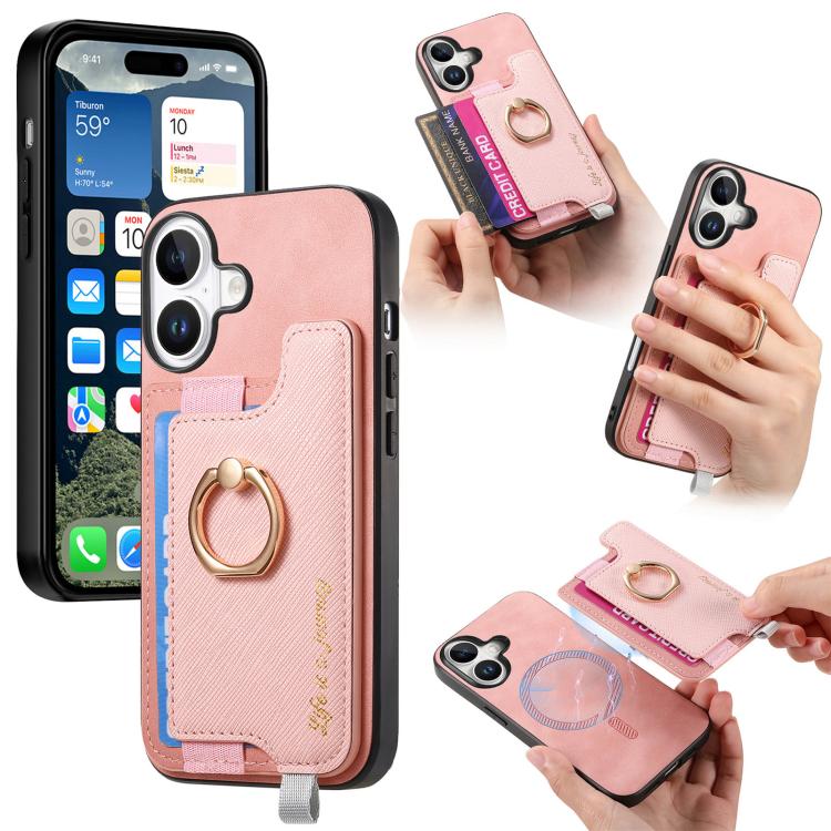 Retro Magsafe Cross Leather Ring Holder Card Bag Phone Case, For iPhone 16 Pro Max, For iPhone 16 Pro, For iPhone 16 Plus