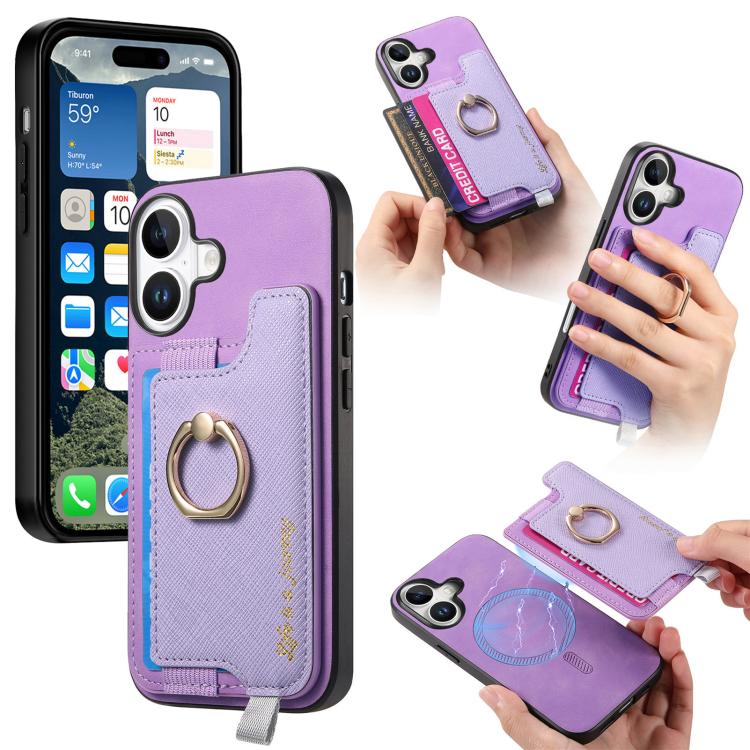 Retro Magsafe Cross Leather Ring Holder Card Bag Phone Case, For iPhone 16 Pro Max, For iPhone 16 Pro, For iPhone 16 Plus