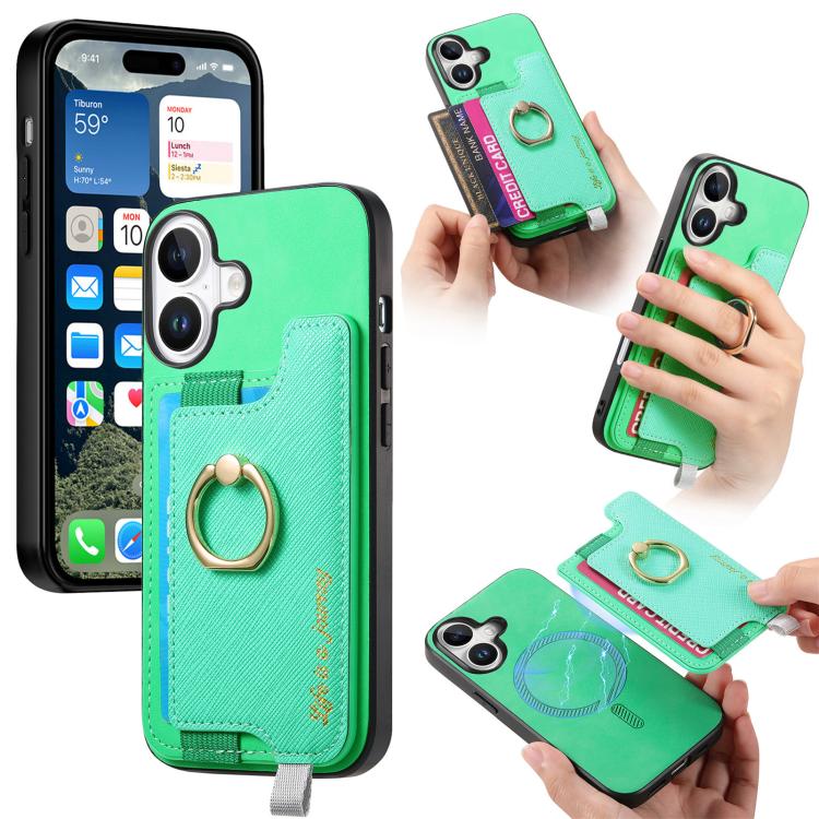 Retro Magsafe Cross Leather Ring Holder Card Bag Phone Case, For iPhone 16 Pro Max, For iPhone 16 Pro, For iPhone 16 Plus