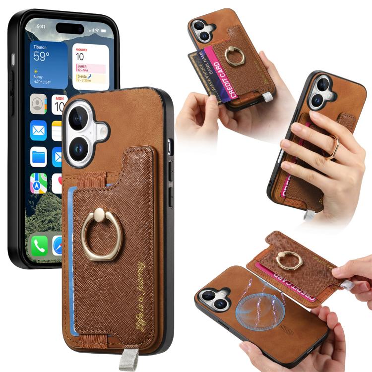 Retro Magsafe Cross Leather Ring Holder Card Bag Phone Case, For iPhone 16 Pro Max, For iPhone 16 Pro, For iPhone 16 Plus