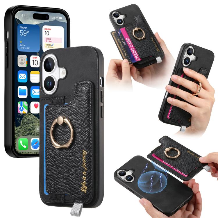 Retro Magsafe Cross Leather Ring Holder Card Bag Phone Case, For iPhone 16 Pro Max, For iPhone 16 Pro, For iPhone 16 Plus