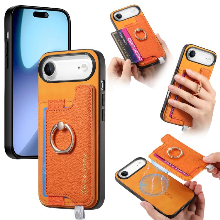 Retro Magsafe Cross Leather Ring Holder Card Bag Phone Case, For iPhone 16 Pro Max, For iPhone 16 Pro, For iPhone 16 Plus