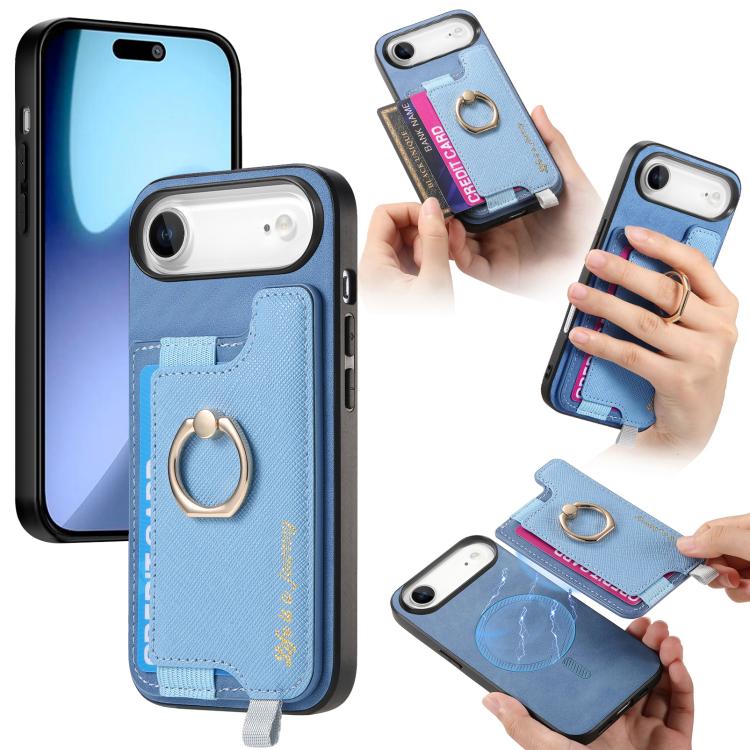 Retro Magsafe Cross Leather Ring Holder Card Bag Phone Case, For iPhone 16 Pro Max, For iPhone 16 Pro, For iPhone 16 Plus