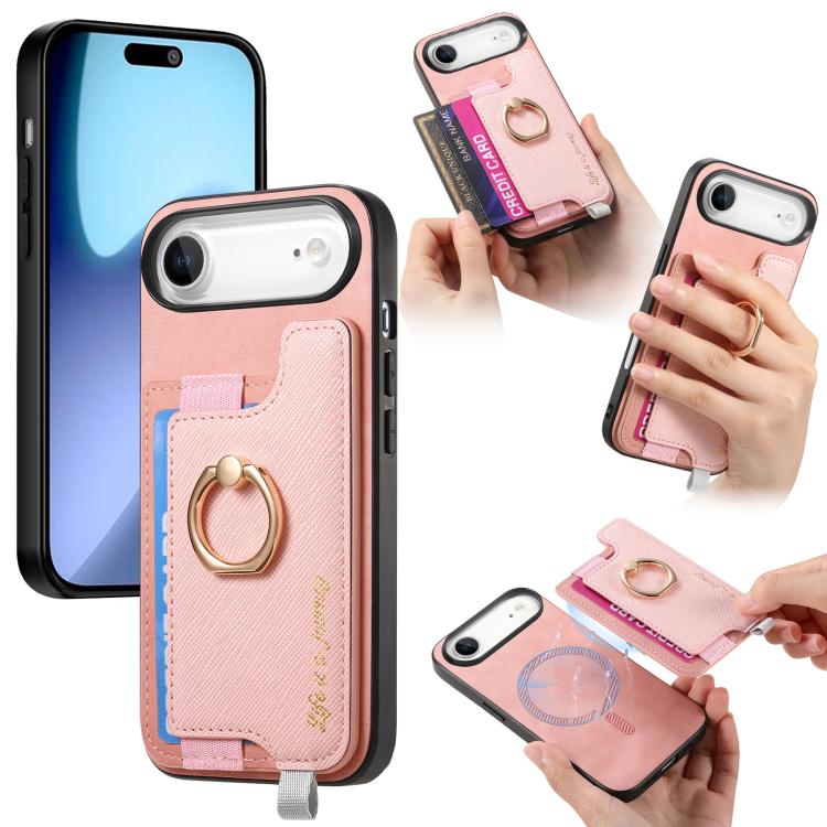 Retro Magsafe Cross Leather Ring Holder Card Bag Phone Case, For iPhone 16 Pro Max, For iPhone 16 Pro, For iPhone 16 Plus