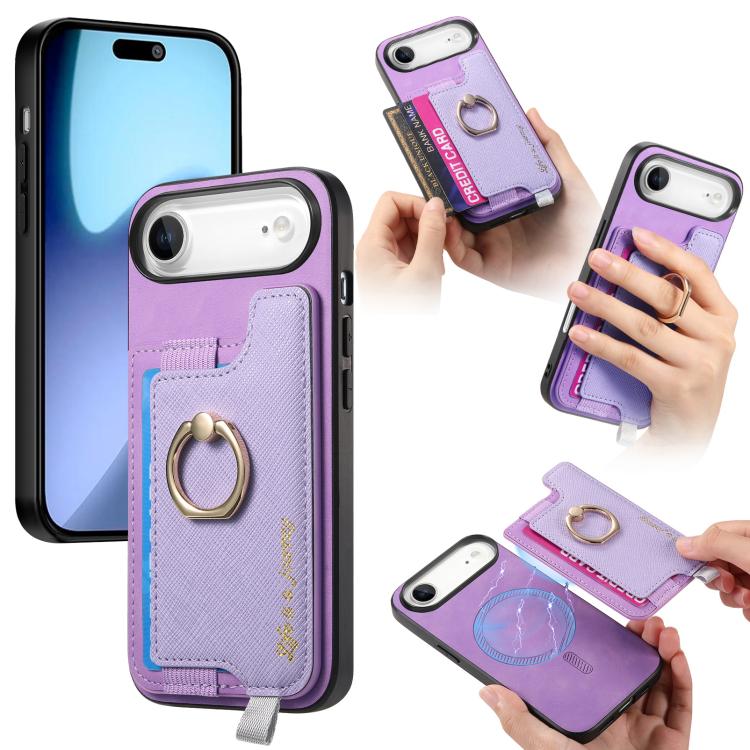 Retro Magsafe Cross Leather Ring Holder Card Bag Phone Case, For iPhone 16 Pro Max, For iPhone 16 Pro, For iPhone 16 Plus