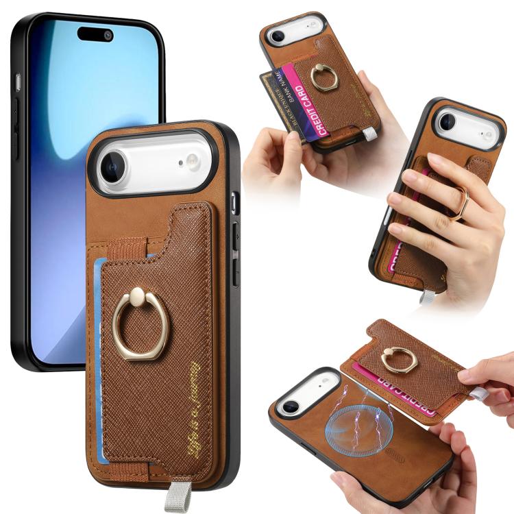 Retro Magsafe Cross Leather Ring Holder Card Bag Phone Case, For iPhone 16 Pro Max, For iPhone 16 Pro, For iPhone 16 Plus